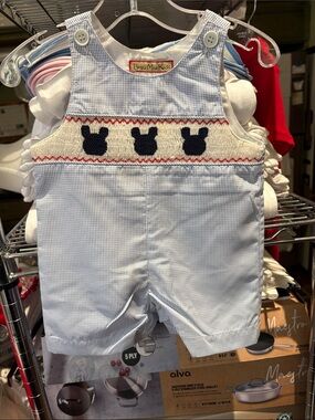 NWT Blue Gingham Smocked Mickey John John - 3 Months